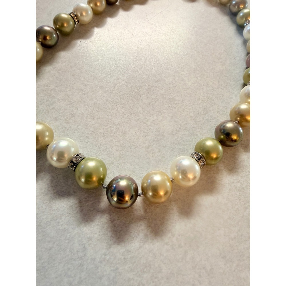 Masami Multi‎ Color Faux Pearl Necklace Champagne Green White Crystal Magnetic - Picture 2 of 7